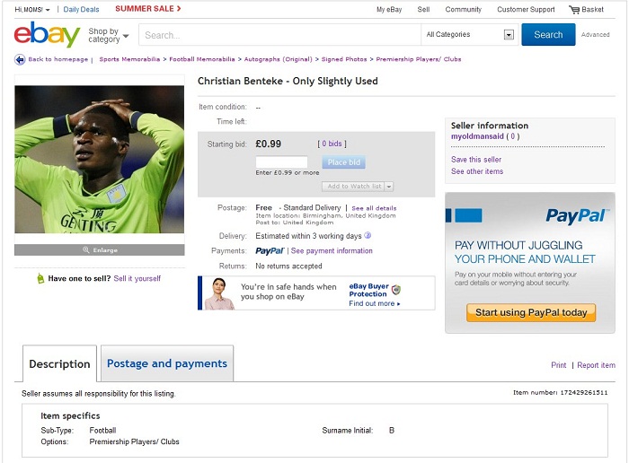 Benteke ebay Christian Benteke: si è messo all'asta su Ebay!